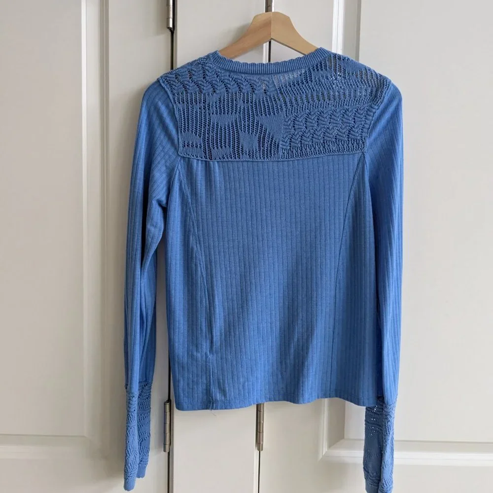 Free People Colette Top Women M Blue Pointelle Crochet Detail Lace Neckline Knit - Picture 6 of 8